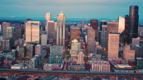 seattle architecture skyline aerial panoramic view skyscraper tower landscape large buildings close-up cool lighting twilight high class downtown luxury towers