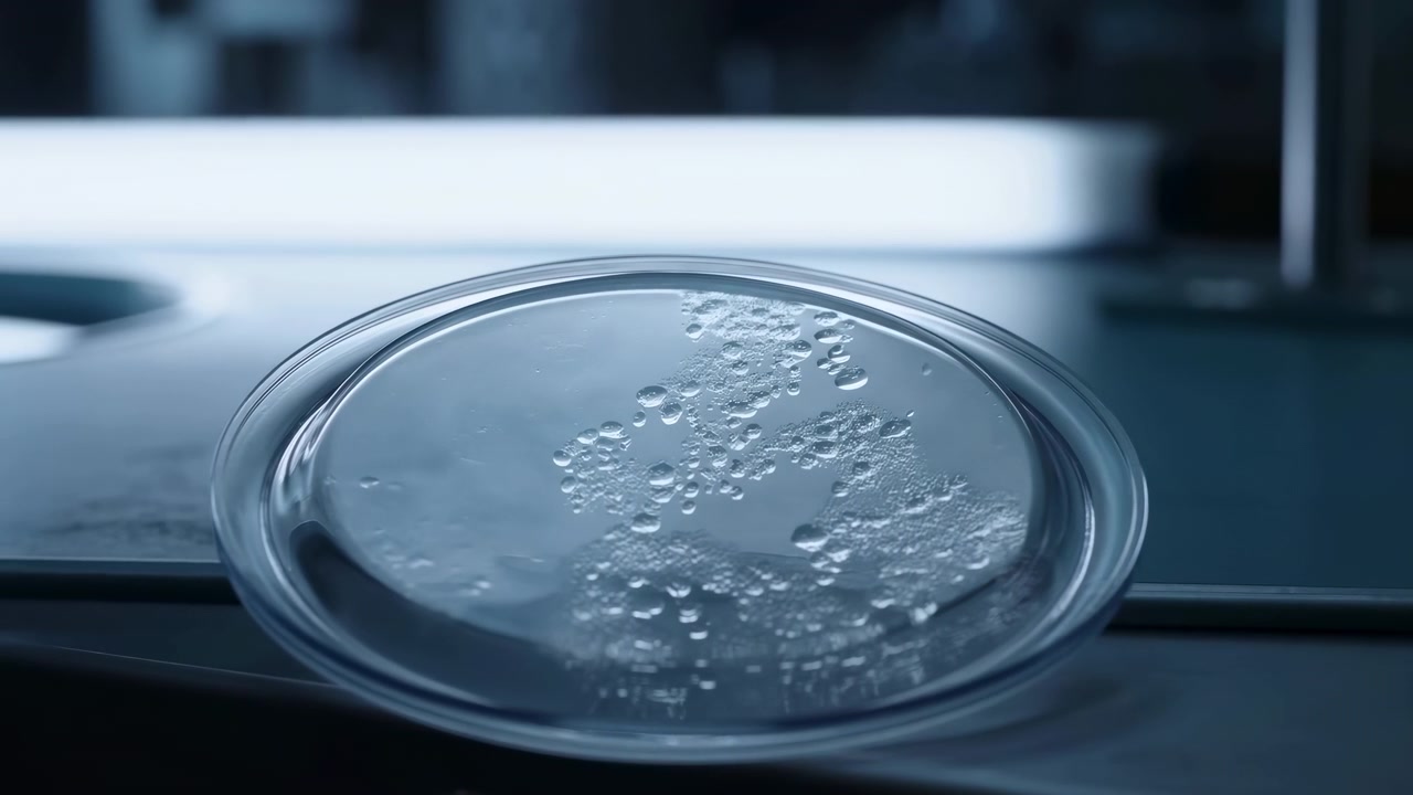 Vista dal basso di una capsula di Petri poco profonda poggiata su un banco da laboratorio riflettente, che mostra una chiara scia di bolle, goccioline, lucentezza del vetro, una retroilluminazione fredda e uno sfondo sfocato e morbido in un ambiente scientifico pulito.