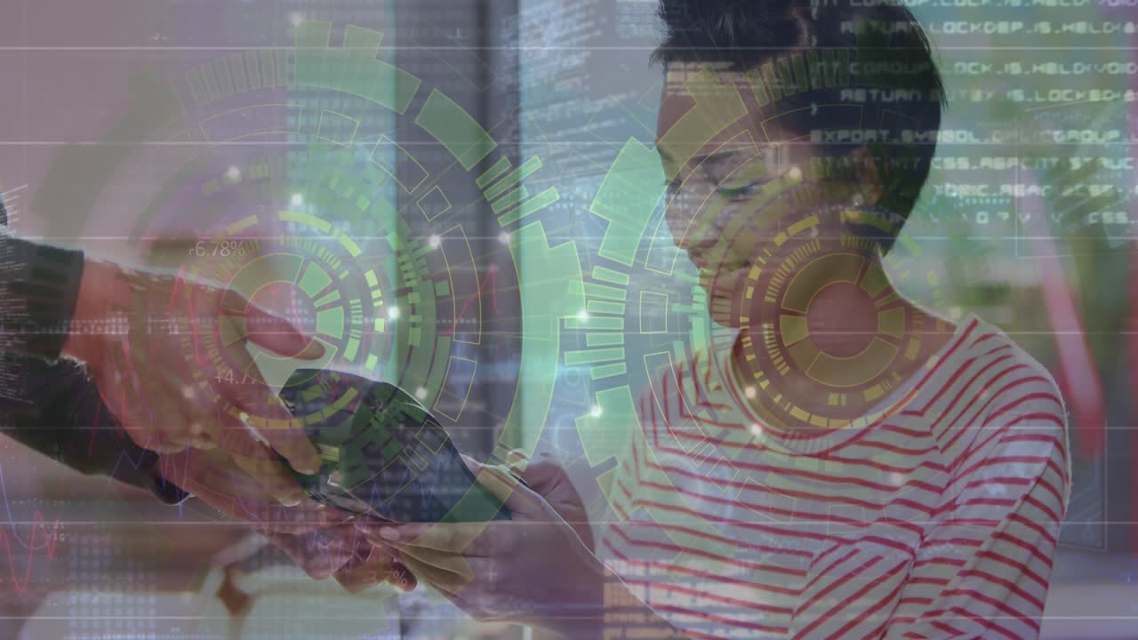 Animation of processing circles over hands of diverse people using payment terminal