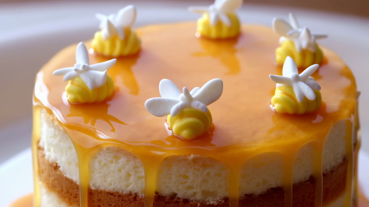 Glossy Orange Mirror Glaze Cake With Layered Sponge And Mousse, Dripping Citrus Glaze, Piped Yellow Cream