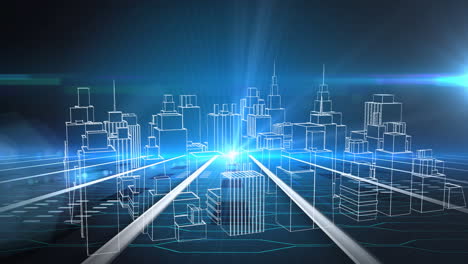 animation of 3d model of city spinning on glowing blue background