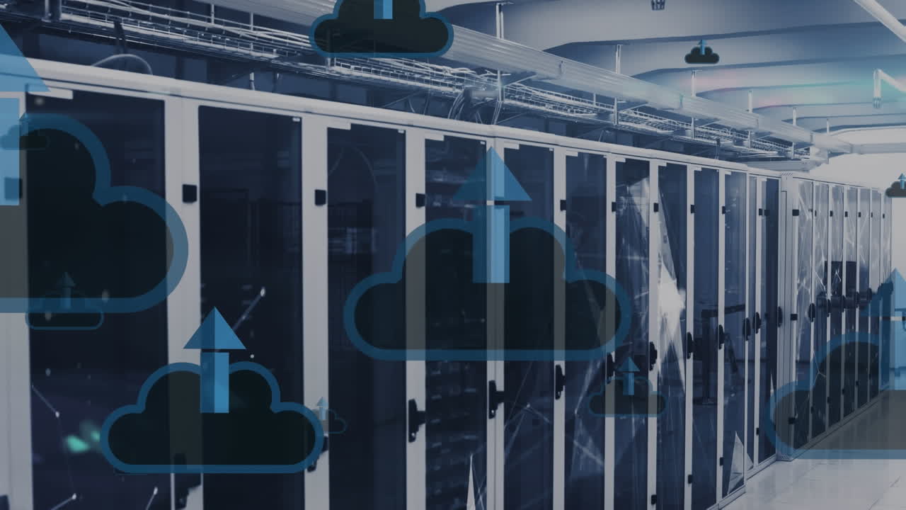 Animation of multiple cloud upload icons floating and plexus networks against computer server room