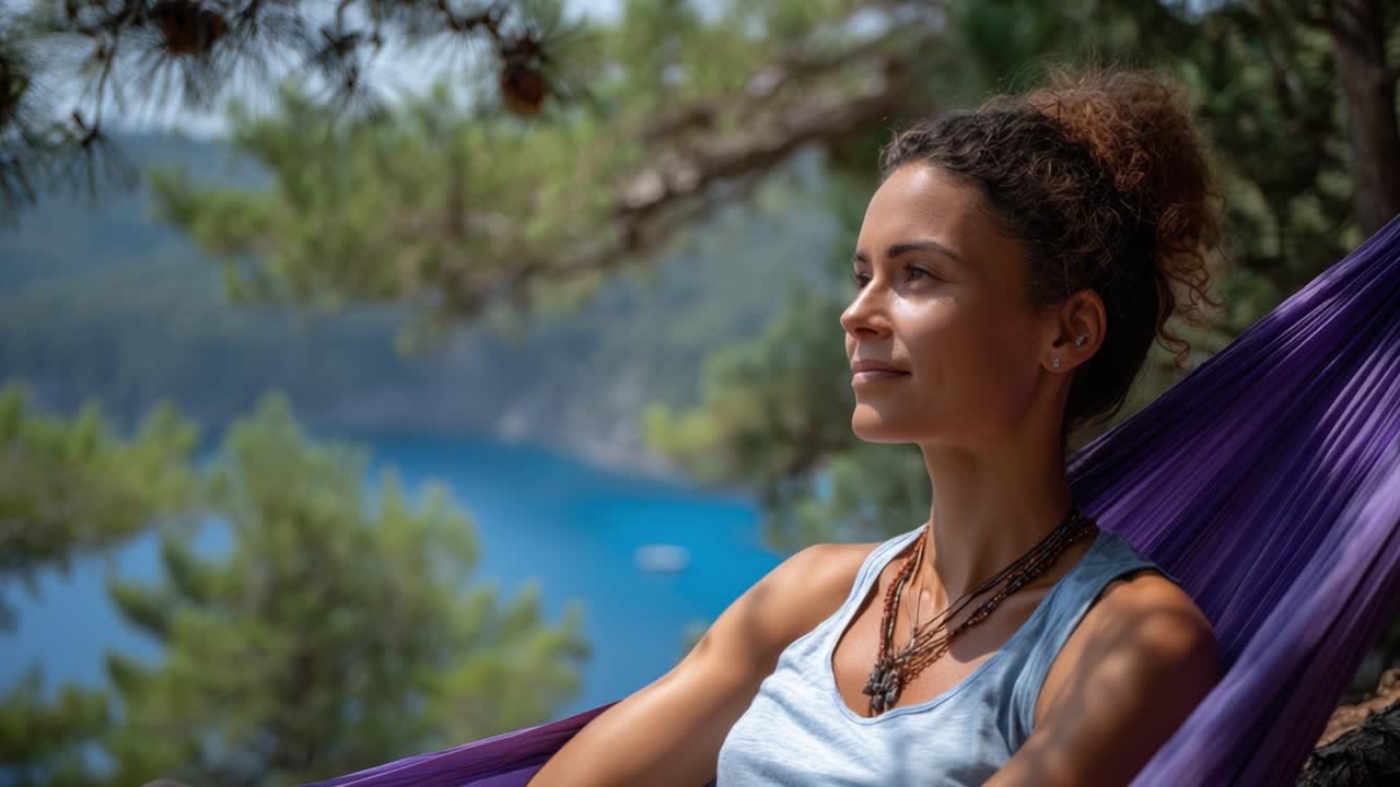 Um Momento Tranquilo: Uma jovem relaxando em uma rede cercada pela natureza, desfrutando da atmosfera serena ao ar livre e apreciando a paisagem.