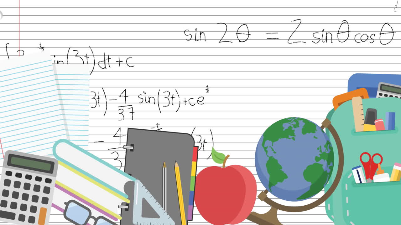 Animasi ikon sekolah dan persamaan matematika di atas kertas bergaris.