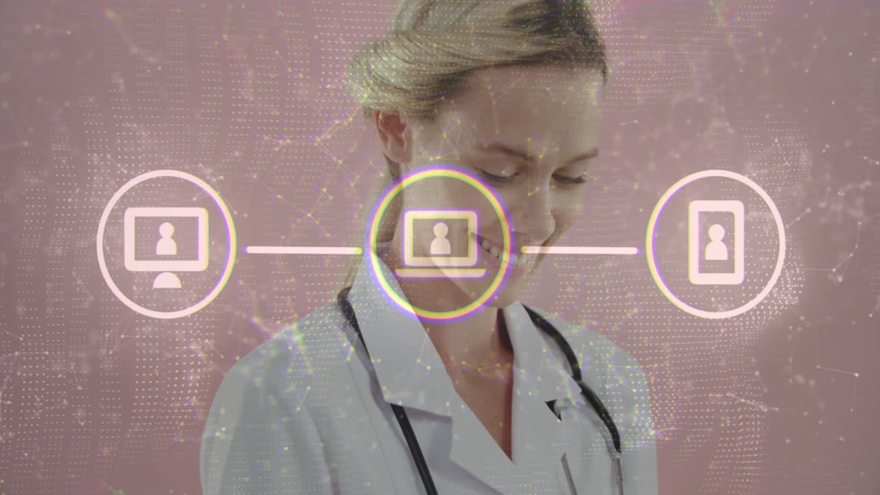 Animation of network of connections with icons over caucasian female doctor wearing stethoscope