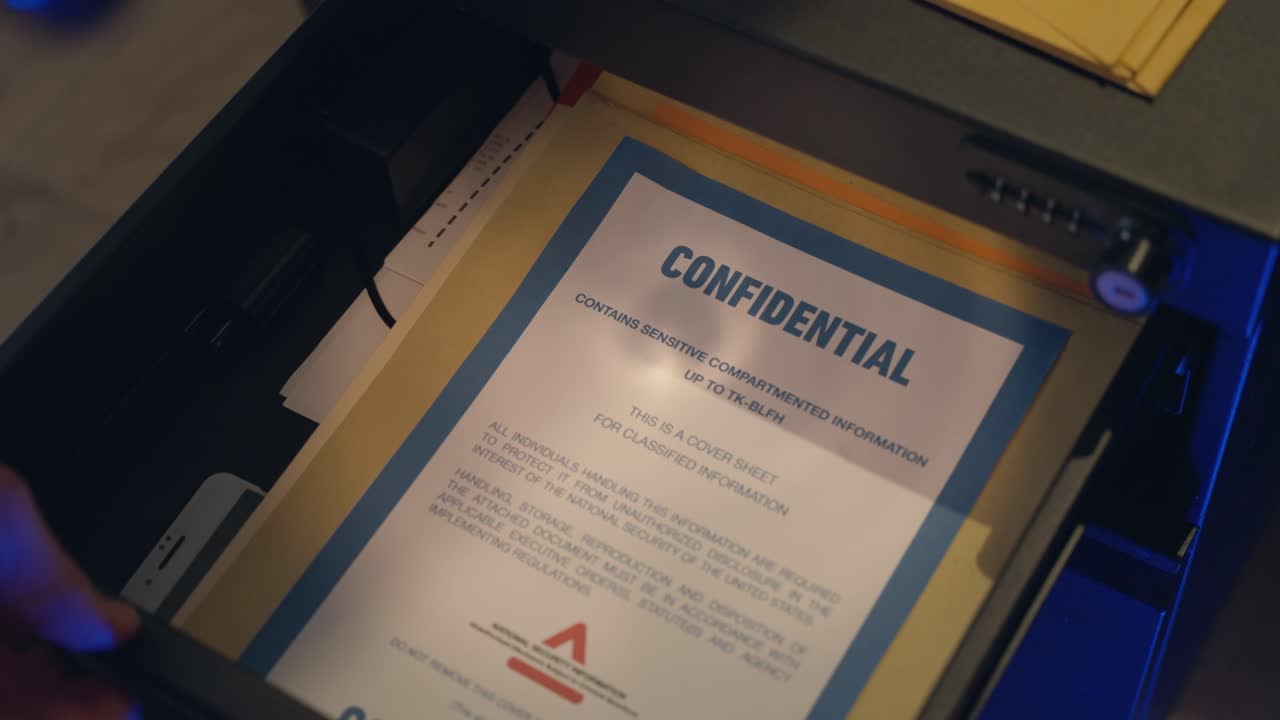 Hand opens a metal-coded drawer under flashlight glow, Confidential folder is taken out and the drawer closed secrecy and urgency. Classified documents or hidden evidence. tension and intrigue rise.