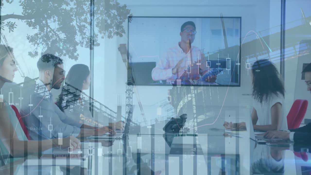 다양한 기업인 및 도시 풍경에 대한 데이터 처리를 가진 통계의 애니메이션