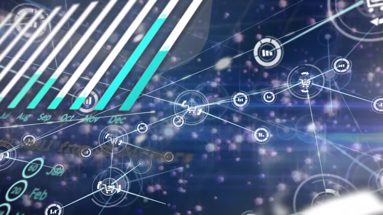 animación de la red de conexiones con iconos sobre el procesamiento de datos sobre fondo azul