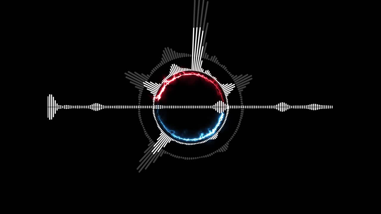 Glowing neon audio circle waveform spectrum animation isolated on black background