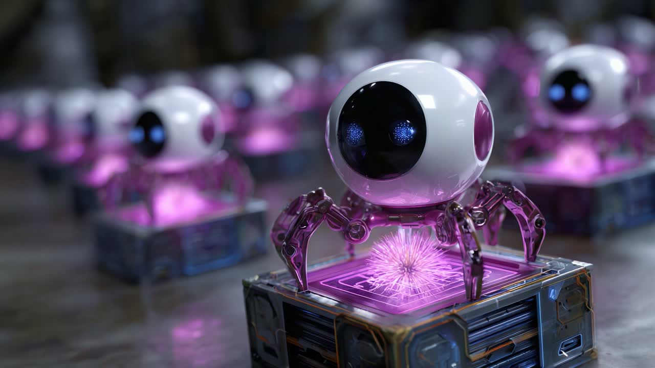 Una scena futuristica con adorabili creature robotiche dagli occhi grandi e dall'energia viola vibrante, che mostrano design unici e tecnologia avanzata in un ambiente fantascientifico