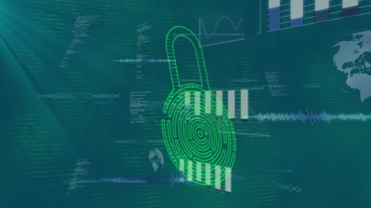 Animazione di un lucchetto sovrapposto all'elaborazione dati con grafici e diagrammi su un'interfaccia scura