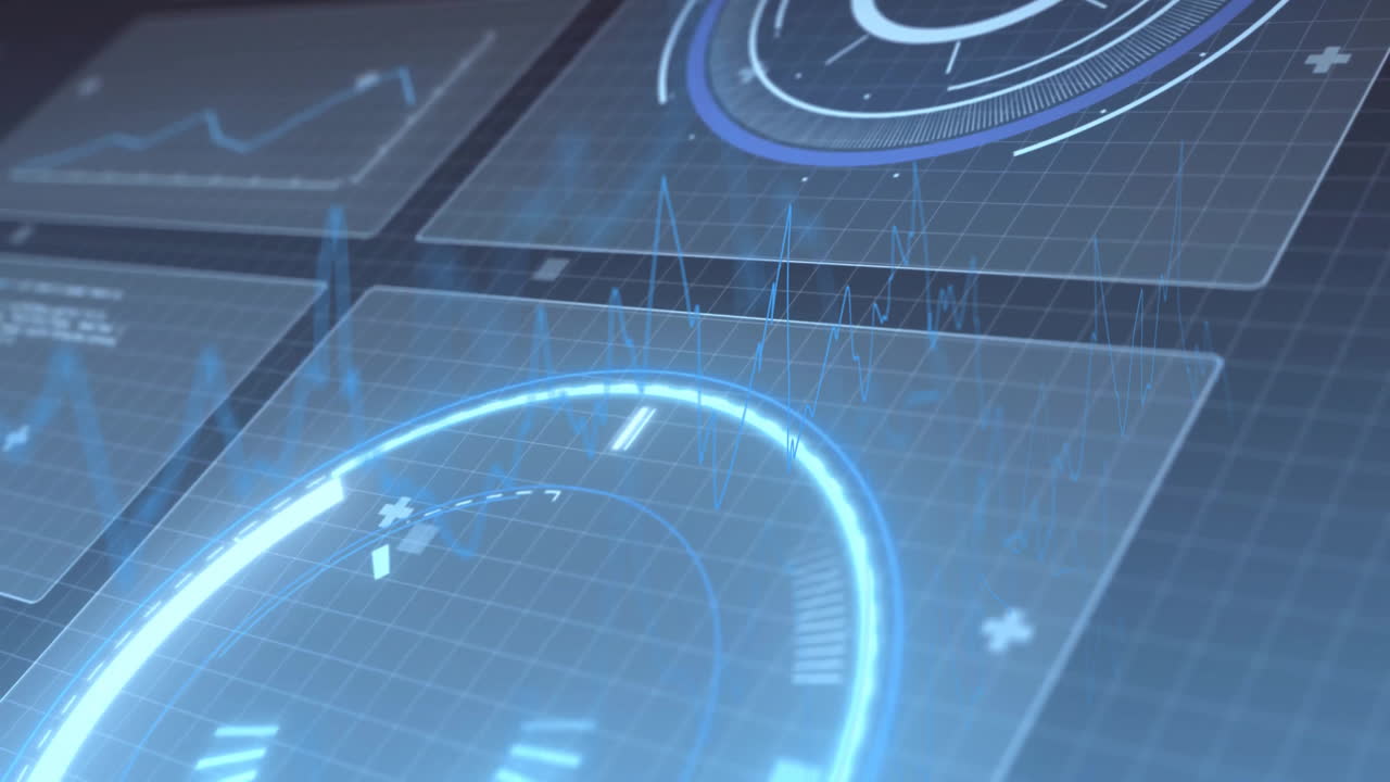 Animation of glowing circular graphs and data visualizations on digital interface