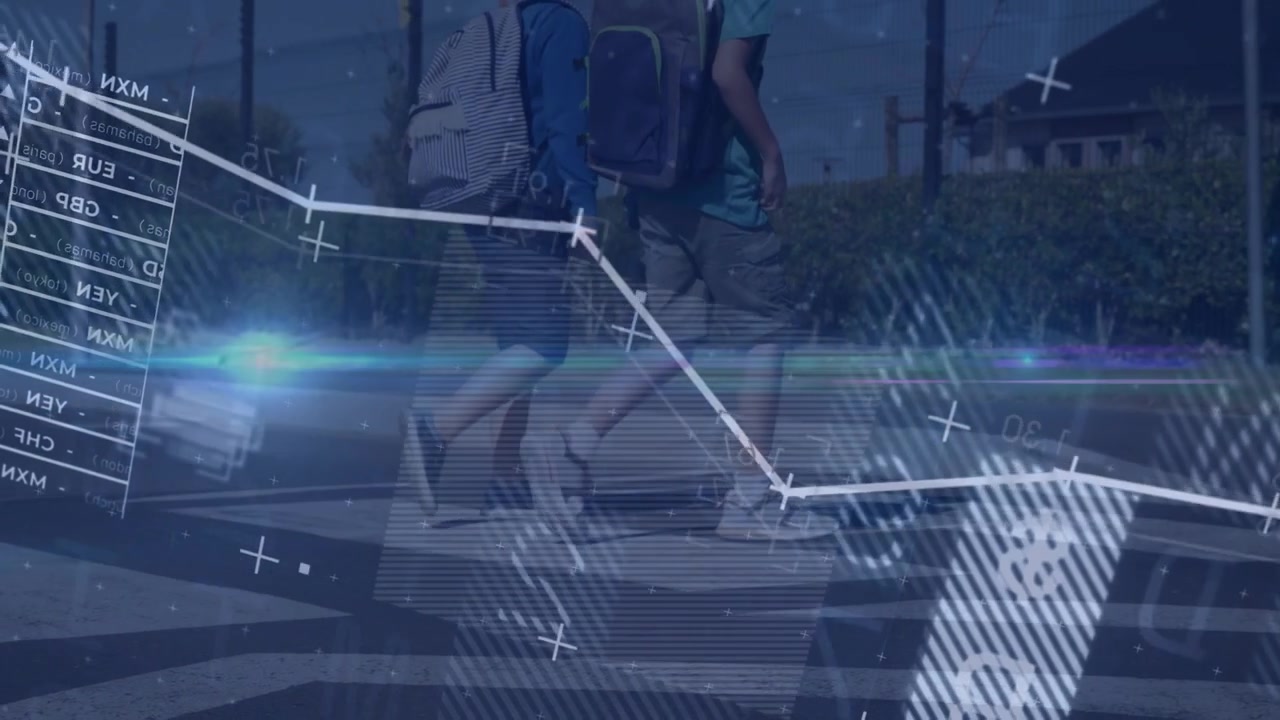 Two boys heading for school walking crosswalk camera starting at legs and overlay mapping backpacks