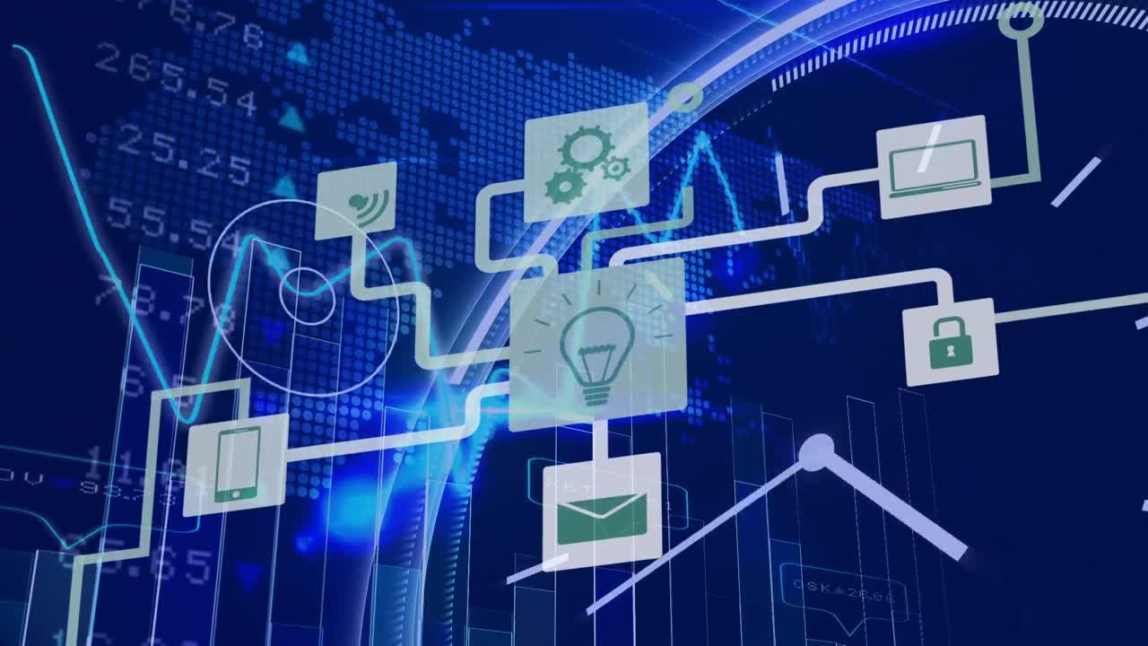 Animation of network of connections over data processing with moving clock on blue background