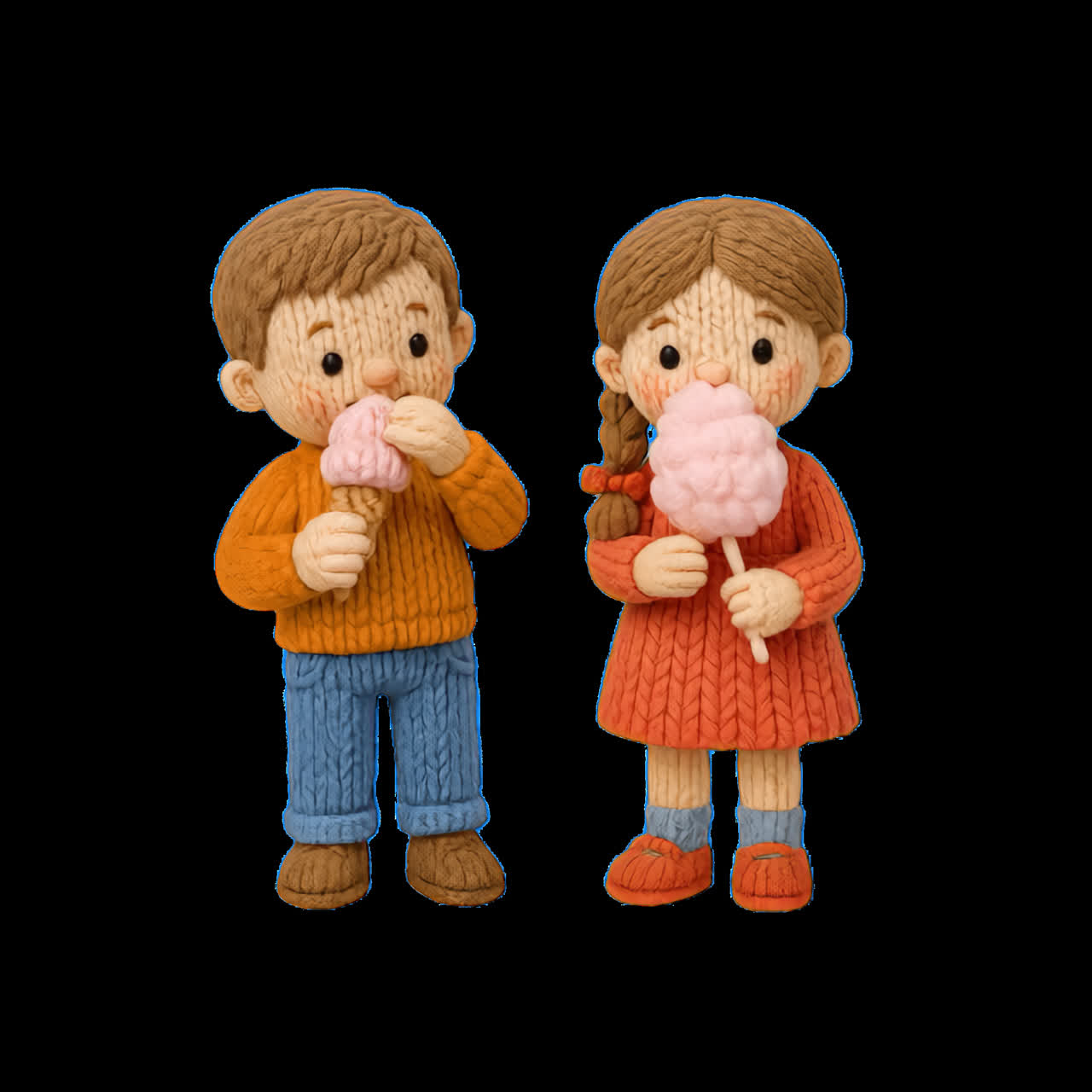 Cute knitted children figures animation isolated asset, transparent 4K video, alpha channel, ProRes