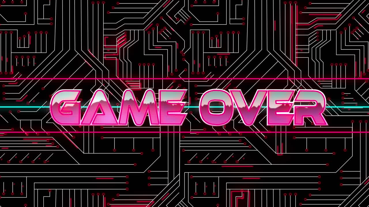 마이크로프로세서 연결에 대한 네온 배너 위의 텍스트 위의 게임의 디지털 애니메이션