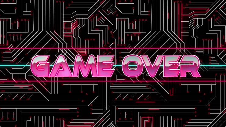 Animazione digitale del testo "Game over" su un banner al neon su connessioni di microprocessori