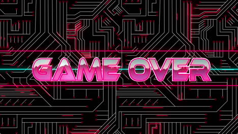 digital animation of game over text over neon banner against microprocessor connections