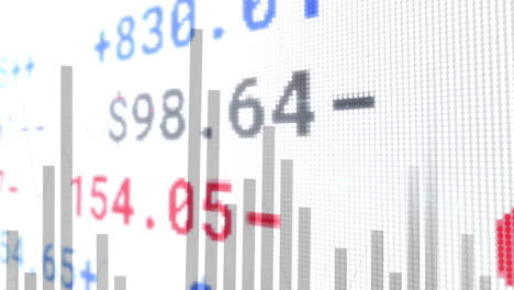 financial data and bar chart animation over numerical values on white background