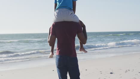 Video-Eines-Afroamerikanischen-Vaters,-Der-Seinen-Sohn-Auf-Dem-Arm-Trägt-Und-Am-Strand-Spaziert