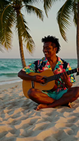 man playing guitar on a tropical beach at sunset