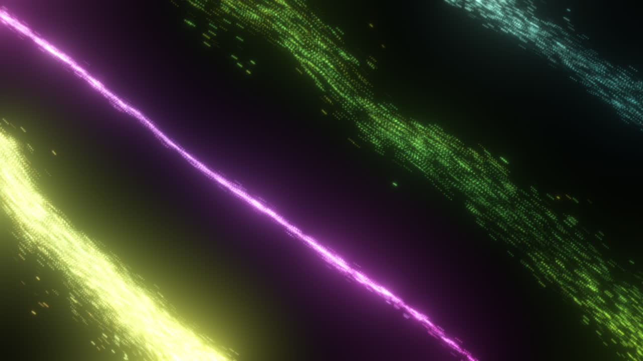 Purple Green Blue Yellow High Energy Particle Streams Flowing Fluid Simulation with Bright Glow on Black Background