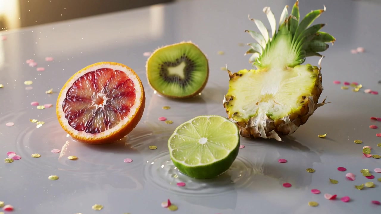 Rippling clustered halved fruits reacting to droplet landing on lime on glossy countertop, sunlight