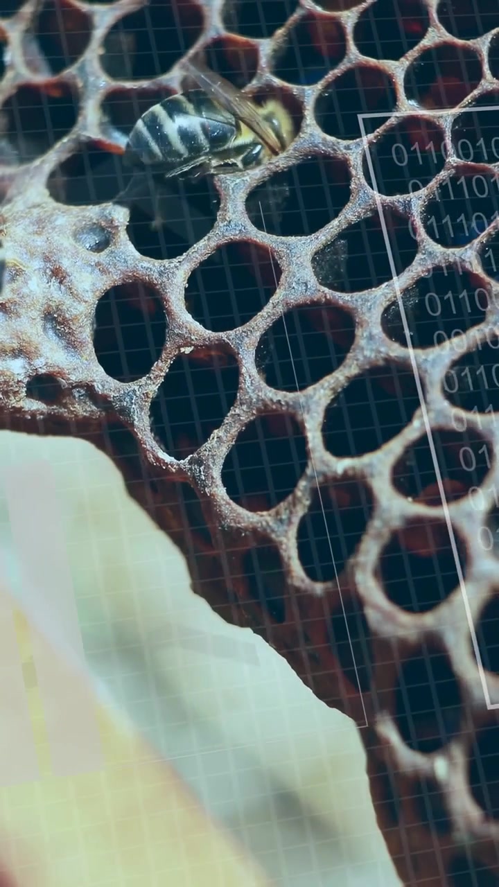 Video verticale: La prima ape si sposta in una cella inferiore, altre api iniziano a entrare e curano le celle del favo.
