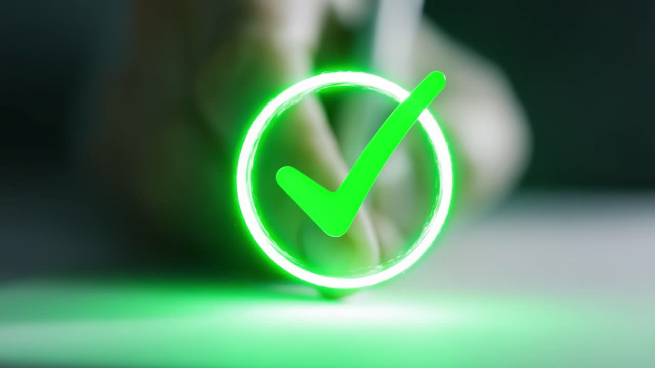 A close-up view of a digital green checkmark symbolizing approval or completion, with a hand poised to sign off on a document in a modern, sleek environment