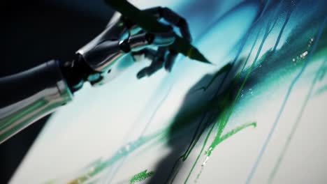 a futuristic robotic hand demonstrating creative talent by painting an abstract image on a canvas with vivid blue and green colors in a modern artistic environment