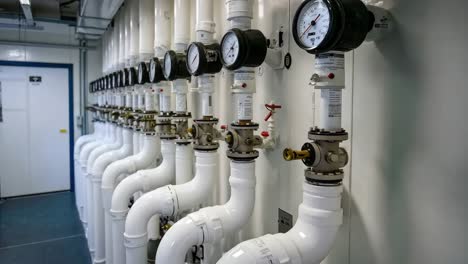 a row of pipes and valves in a room with a clock on the wall