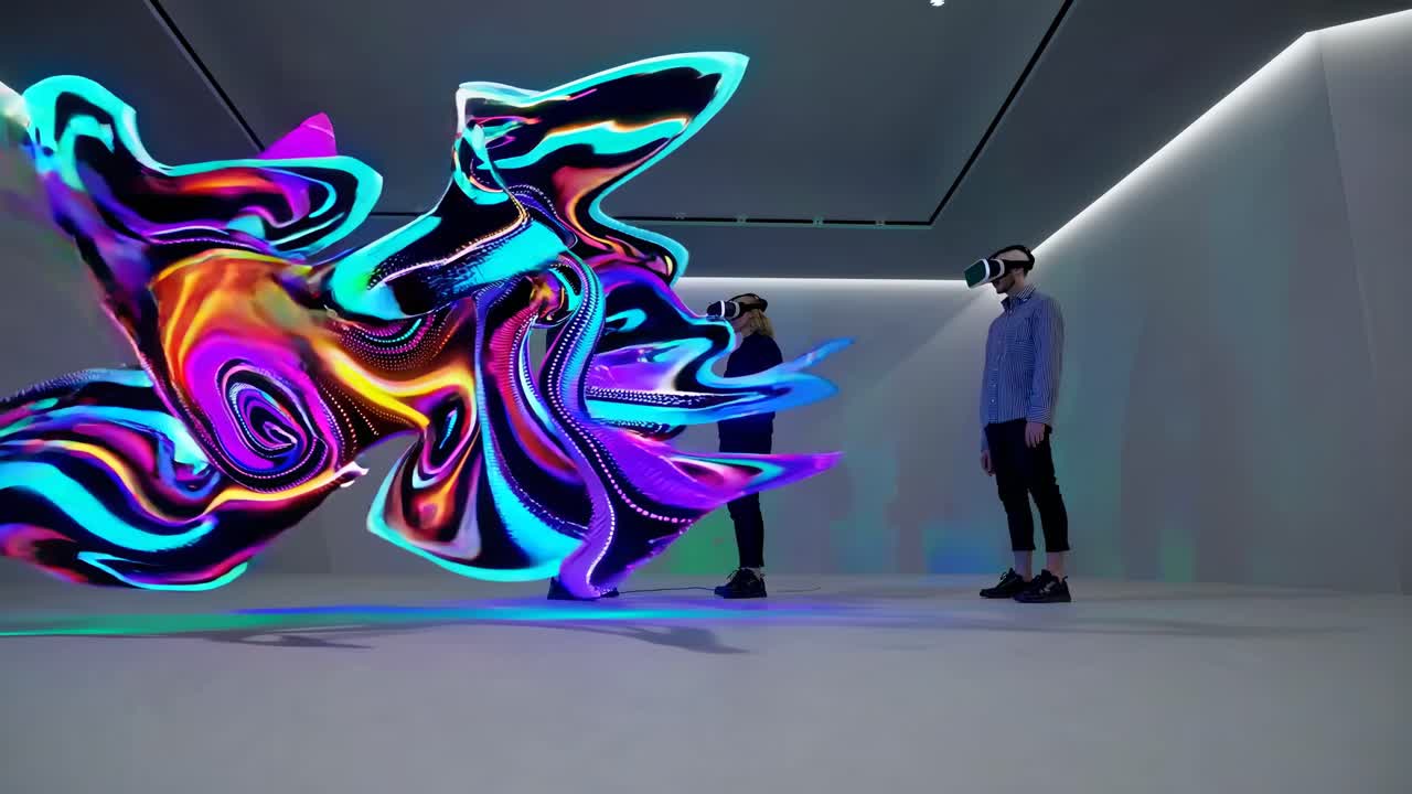 Inquadratura grandangolare di due persone con visori VR con vibrante arte digitale in un moderno.