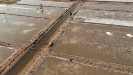 aerial footage above workers in a salt fields in kampot province, cambodia