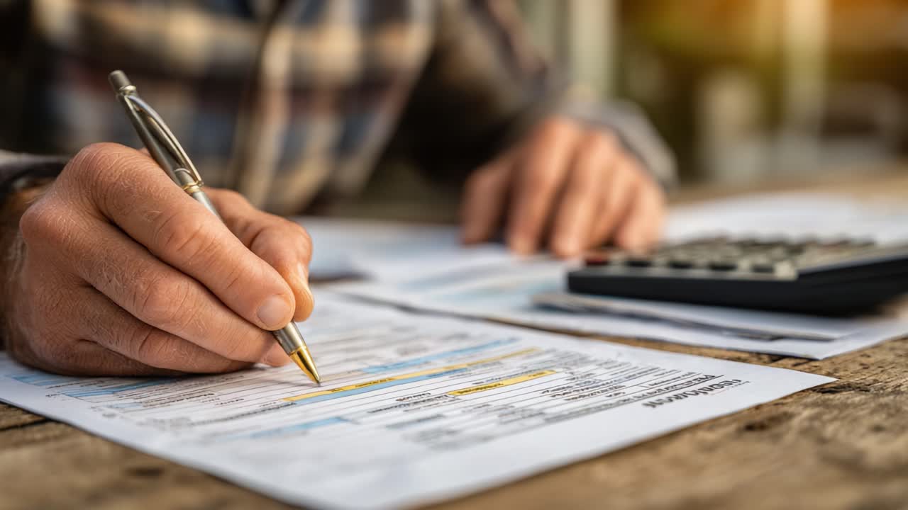 A Close-Up of a Person Completing Important Financial Documents While Using a Calculator on a Wooden Table, Illustrating the Process of Data Entry and Calculation