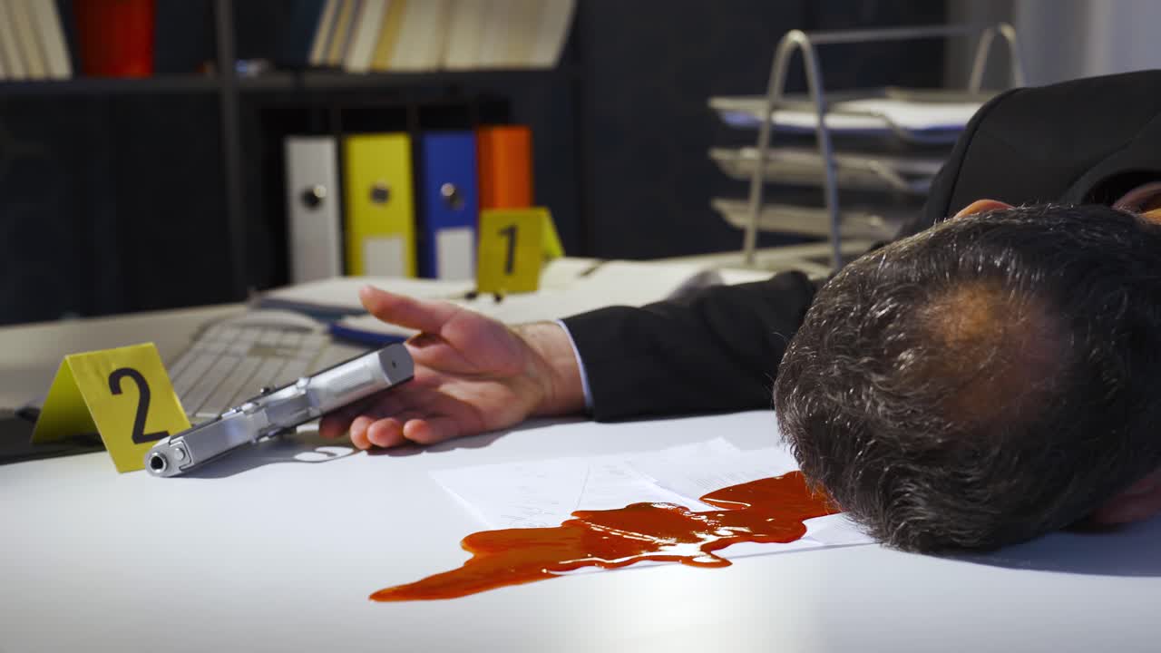 The businessman committed suicide in his office. Criminal scene.