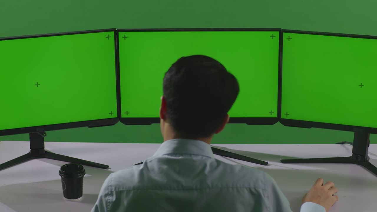 멀티 모니터 컴퓨터 스테이션에서 휴식을 취하는 남자.