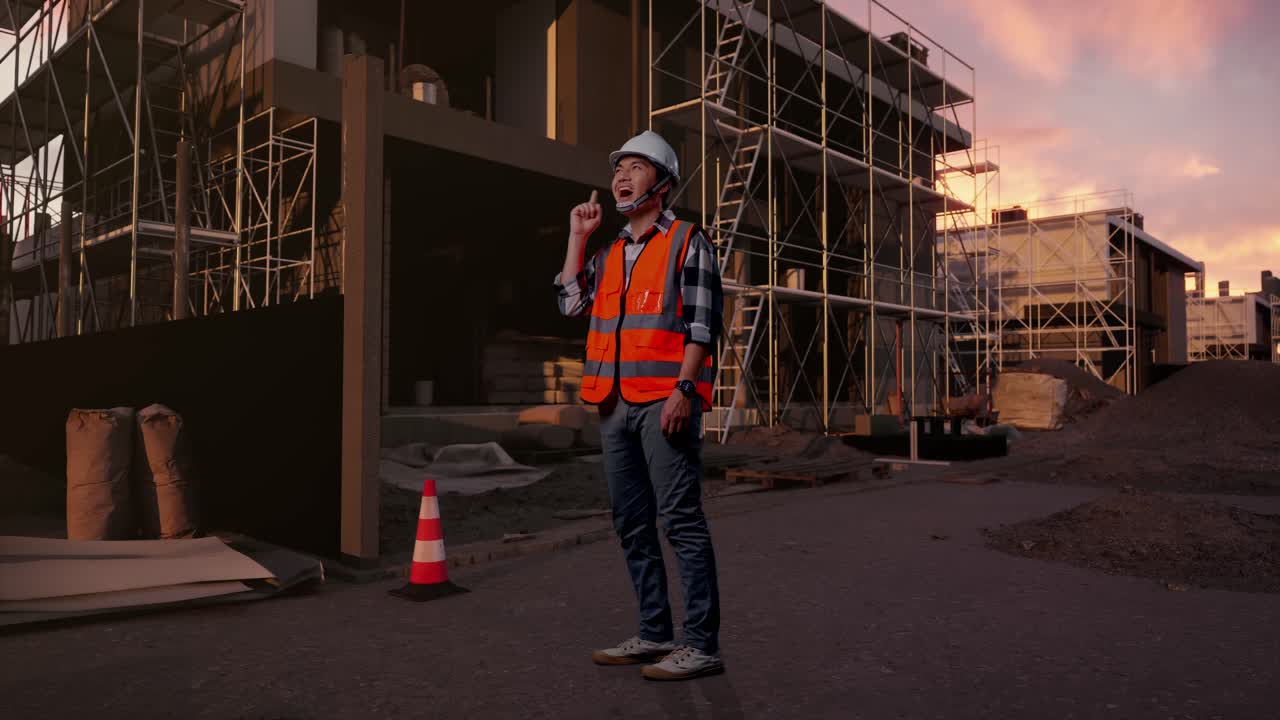 Construction Worker with Hard Hat and Safety Vest Having an Idea at Sunset