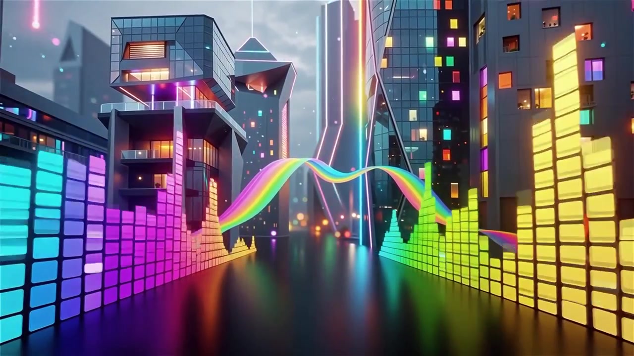Fundo Futurista com Visualizador de Equalizador de Música Neon Arco-Íris.