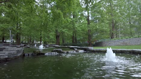 a shot of a water feature in the jubilee garden park, the pools surrounded by tall trees and green grass on a beautiful spring day outdoors, canary wharf, london, england, uk