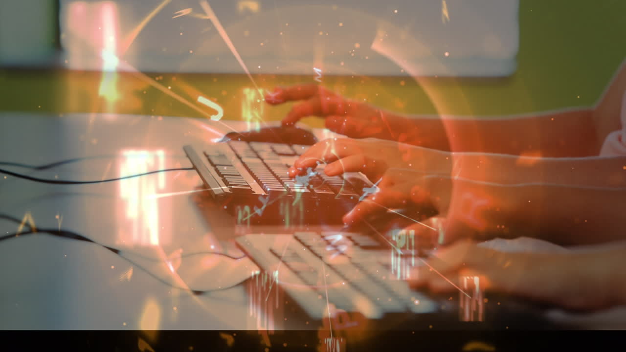 컴퓨터를 사용하는 어린이들에 대한 문자 변경 및 데이터 처리의 애니메이션