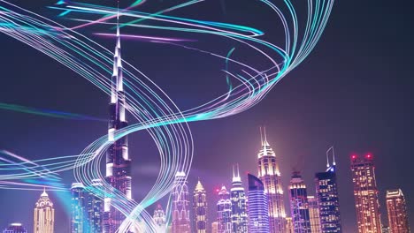 light trails swirling around illuminated skyscrapers in dubai at night, symbolizing innovation, technology, and the futuristic cityscape with the burj khalifa standing tall