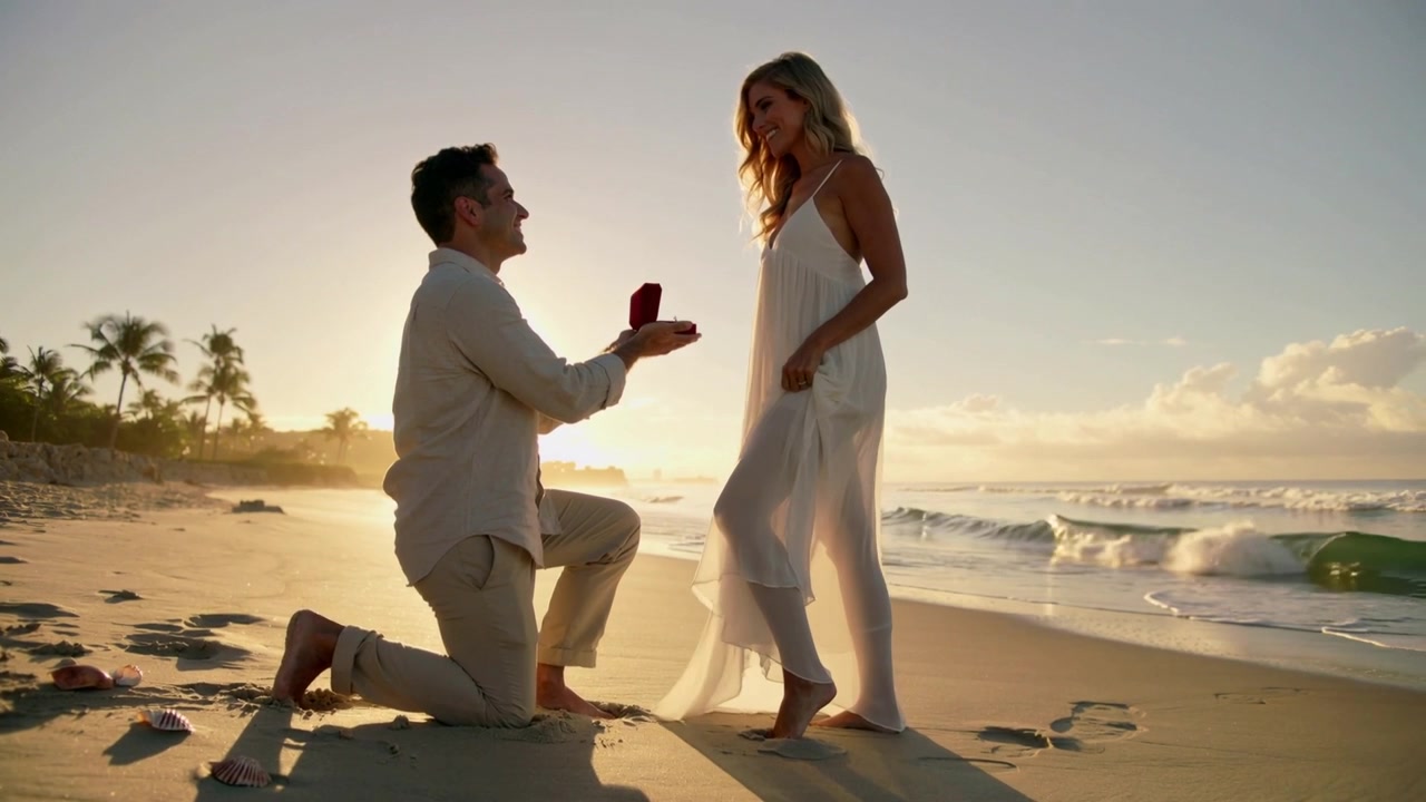 Een knielende man presenteert een rode doos en doet een huwelijksaanzoek bij zonsondergang op het strand, terwijl een vrouw de zoom van haar witte jurk optilt.