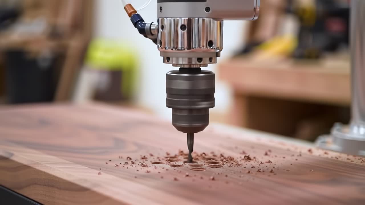 An In-Depth Look at Precision Woodworking: Close-Up of a Drill Bit in Action, Carving Patterns into a Smooth Wooden Surface in a Cozy Workshop Environment