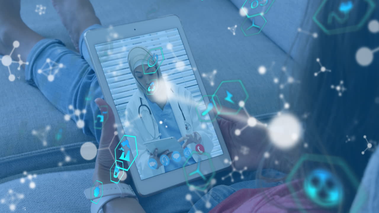 Animation of shapes over biracial female doctor having video call