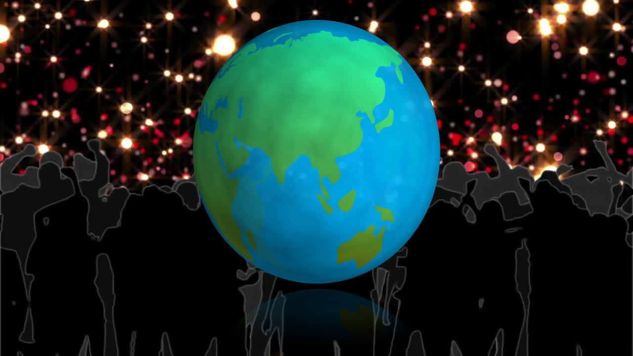 Silhouetted crowd surrounding globe with sparkling lights in animation background