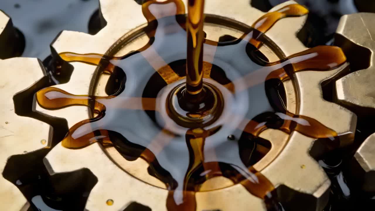 Pouring brown oil stream striking gear on bench, forming glossy rings while lubricating gear