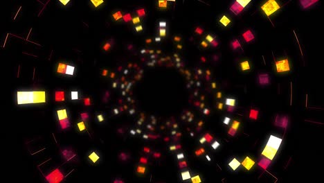 abstract futuristic sci-fi tunnel with shimmering square lights. animated graphics, red, blue, white, bright lights.