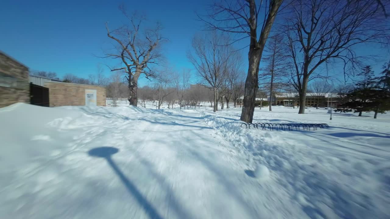 몬트리올의 파크 라 폰테인 (parc la fontaine) 에서 눈으로 인 산책로 근처에서 날아다니는 fpv 드론, 벌거벗은, 건조한 나무 사이를 능숙하게 짜는 경로.