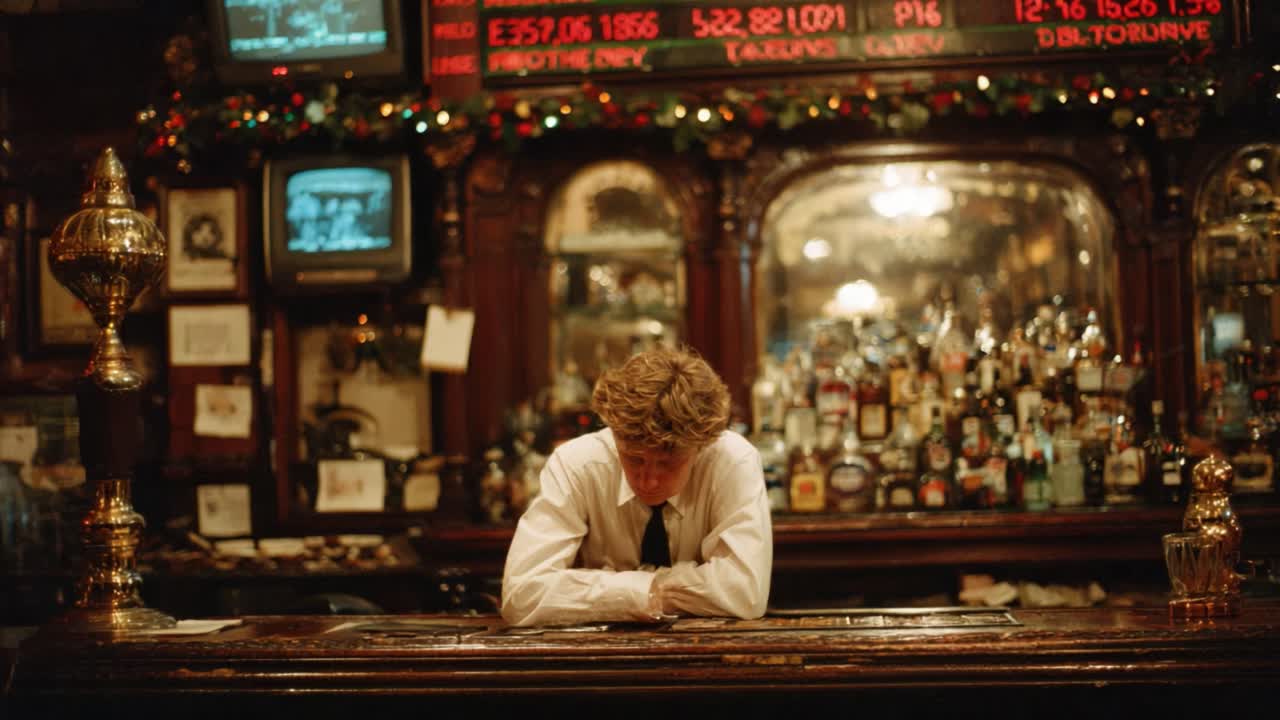 A contemplative bartender leans over the bar in a vintage pub, surrounded by gleaming bottles and a nostalgic atmosphere, creating a moment of reflective solitude