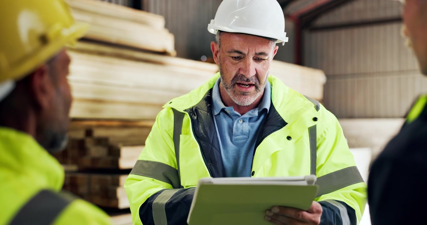 Operai Edili che Discutono i Piani del Progetto su Tablet in Magazzino